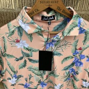 Bad Birdie Men's Small Golf Polo Tropical Floral Peach Beach Vacation Resort NWT